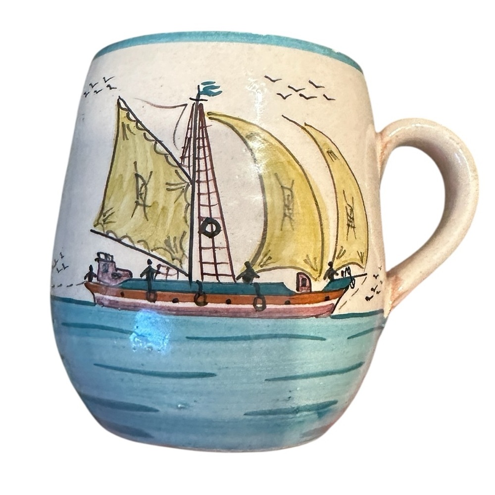 Greek Nautical Seashore Sailing Scene Hand Painted Coffee Mug Signed